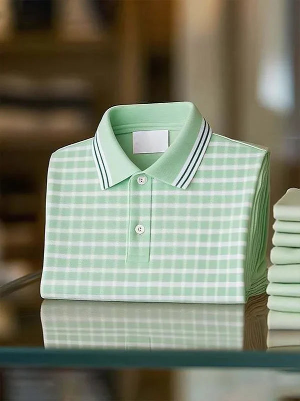 Men's Classic Business Striped Button Down Short Sleeve Polo Shirt